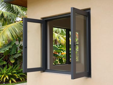 Modern charcoal casement window open to a tropical garden, architectural detail, clean glass