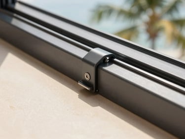 Close-up of a modern charcoal aluminum sliding window track and hardware, bright daylight, architectural focus