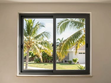 Sleek modern charcoal aluminum casement window installed in a contemporary home, bright tropical daylight filtering through clean glass, sharp focus.