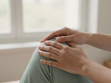 Close-up of hands-on manual therapy on a shoulder joint, soft natural window light, warm clinical setting.