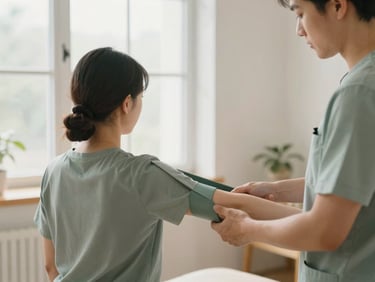 A therapist gently guiding a patient's arm movement with resistance bands in a bright, airy clinic.