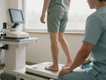 A therapist observing a patient's gait on a clinical pressure plate, modern diagnostic equipment.