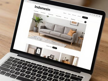Close-up overhead of a laptop screen displaying a clean e-commerce product page for an Indonesian furniture manufacturer, natural office ambient light, wooden desk surface partially visible at edges, sharp detail on UI components