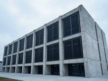 Wide-angle architectural perspective of a modern concrete data center under cool overcast daylight, sharp structural lines, desaturated blue tones.