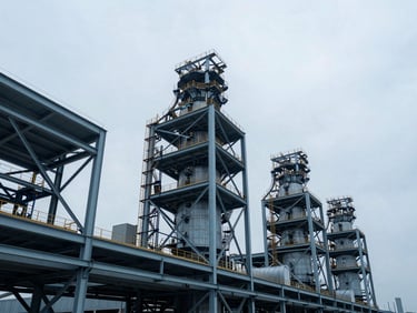 Wide environmental shot of modern industrial infrastructure, steel structures against a cool overcast sky, desaturated blue tones.