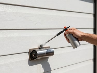 Technician lubricating heavy-duty steel garage door rollers with precision spray, close-up shot, daylight