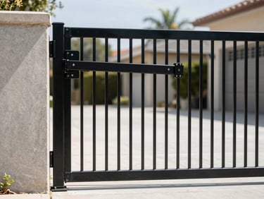 A modern black metal driveway gate with an automated arm opener installed on a concrete pillar, bright daylight