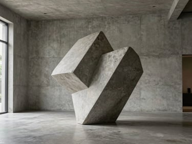 A minimalist concrete interior in Manila, showing a large contemporary sculpture in situ under soft, indirect daylight.