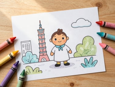 Overhead flat-lay of a printed coloring page showing the character Amani in Taipei, surrounded by colorful crayons on a warm wooden table, soft sun-drenched lighting.