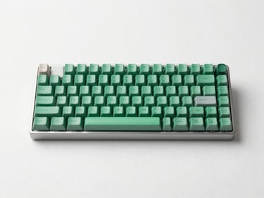 A top-down clean flat-lay of a minimalist desk with a mechanical keyboard, focused on the keycaps with clear Hindi Kruti Dev legends, bright daylight.