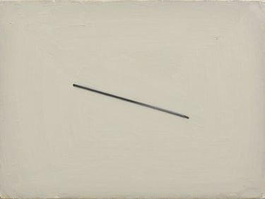 An extreme close-up of a minimalist oil painting, showing heavy gesso texture, muted ivory brushstrokes, and a single sharp charcoal line.