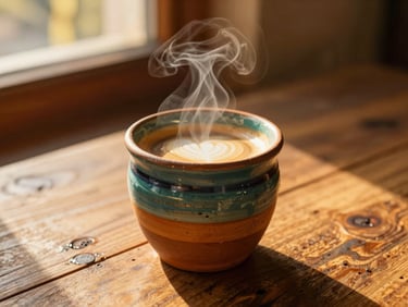 A steaming specialty espresso drink served in a colorful clay cup on a rustic wooden table, golden-hour light.