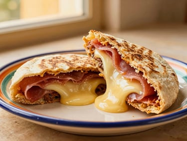A freshly pressed Mexican torta de jamón cut in half, melted cheese pulling away, served on a colorful ceramic plate.