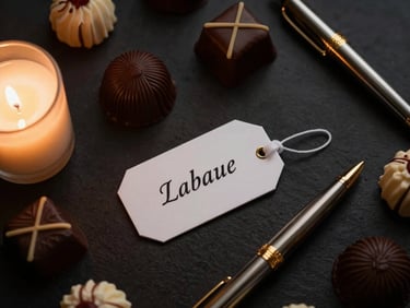 Overhead flat-lay of luxury lifestyle items (e.g., gourmet chocolates, small candle, bespoke pen) with a personalized tag, dramatic low-key lighting