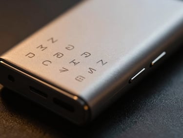 Close-up macro shot of a sleek metallic power bank with fine laser-engraved initials, dramatic side lighting, rich shadows