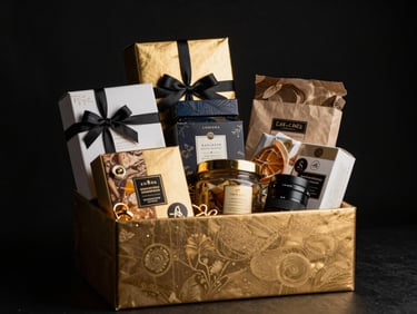 Artfully arranged festival gift hamper with gourmet items and luxury packaging, low-key lighting, gold accents.