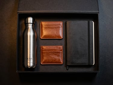Overhead flat-lay of an open luxury employee welcome kit, showcasing a custom-branded stainless steel water bottle, a premium leather card holder, and a high-quality notebook, all arranged elegantly on a dark surface with dramatic side lighting and gold reflections.