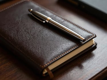 Macro shot of an executive desk set, including a leather-bound diary and a sleek metal pen, dramatic side lighting.