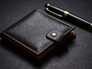 Macro shot of a premium leather wallet embossed with a subtle pattern, alongside a high-quality pen, arranged on a dark textured surface, dramatic low-key lighting catching metallic details.