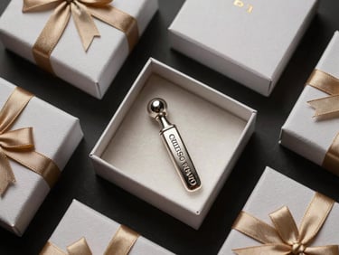 Overhead flat-lay of a personalized gift box with an engraved silver accessory and elegant packaging, rich shadows.