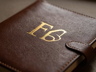 Close-up of a personalized leather diary with gold foil embossing, soft focus background, warm lighting.