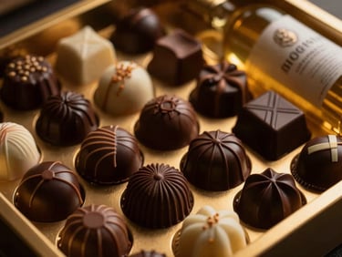 Close-up of a gourmet hamper filled with artisanal chocolates and a fine beverage, warm golden light, rich textures.
