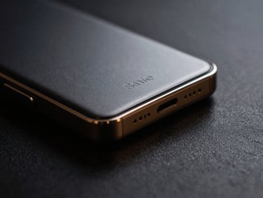 Macro shot of a sleek, executive-grade tech gadget with subtle branding, resting on a dark, textured surface, dramatic side lighting.