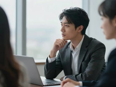 A strategic meeting in a modern office, a close-up of a professional in deep thought during a collaborative session, soft window light.