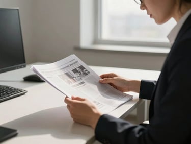 A professional editor reviewing printed press proofs in a bright minimalist office, shallow depth of field, warm side-shadows.