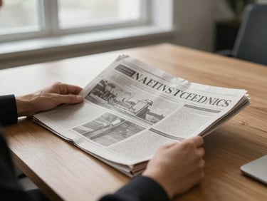 Hands holding a printed newspaper on a clean wooden table, natural window light, shallow depth of field, 35mm