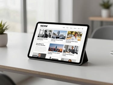 A clean modern tablet showing digital news placements, elegant workspace with soft lighting, minimalist corporate aesthetic.