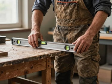 A worker in clean, worn canvas work pants standing next to a wooden workbench, natural light streaming through a window, hands resting on a steel level.