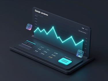 Sleek dark mode financial dashboard with glowing cyan line charts and holographic data nodes, isometric 3d render