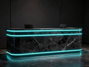 Luxury hotel lobby reception desk with dark marble textures and glowing cyan accent lighting, premium 3d render