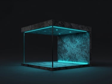 Minimalist architectural structure, dark concrete and glass pavilion illuminated by cyan neon ground lights, architectural 3d render