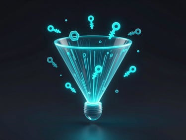 Abstract 3D search engine optimization funnel with glowing data streams and neon cyan key indicators, dark background