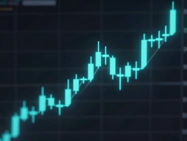 High-contrast stock market candlestick chart glowing in neon cyan, rising trend, dark mode technical analysis 3d render
