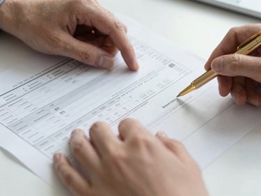 Close-up macro shot of hands reviewing structured financial balance sheets and tax documents on a clean desk, elegant gold pen, crisp cool daylight.