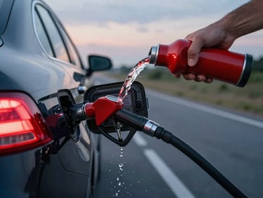 Red fuel can being poured into a car's gas tank on a roadside at dusk, vehicle hazard lights reflecting on wet pavement, no people visible above the waist