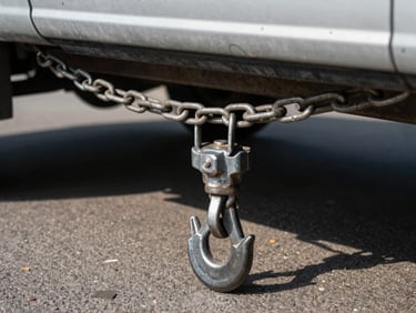 Close-up of heavy-duty tow chains hooking under a vehicle frame on an asphalt road, hard daylight casting sharp shadows, no people visible