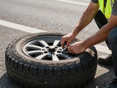 Hands torquing a lug nut onto a spare tire on a highway shoulder in midday sun, flat tire visible beside the vehicle, safety vest in frame