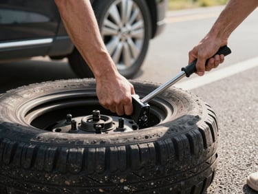 Close-up of hands gripping a tire iron removing lug nuts from a flat tire on a roadside shoulder, bright afternoon light, asphalt visible
