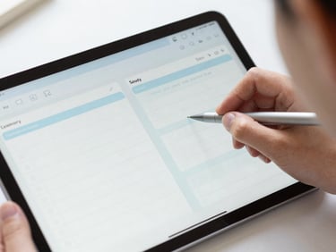 Close-up of a student highlighting notes next to a tablet showing a clean study planner app, bright natural daylight, soft focus