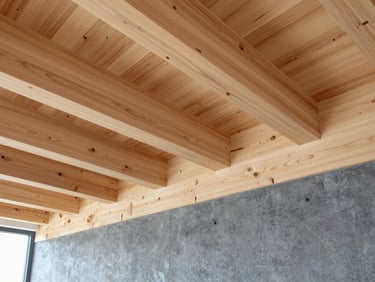 Medium detail of clean, newly engineered exposed wooden beams meeting a solid concrete foundation, bright natural daylight