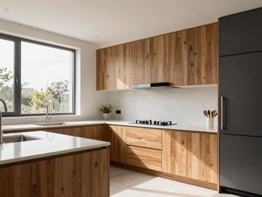 Architectural interior of a modern kitchen with warm oak cabinets, white quartz countertops, bright natural daylight streaming through a large window.