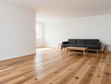 Bright modern bungalow living room showing premium oak hardwood flooring, clean white walls, minimalist mid-century furniture.