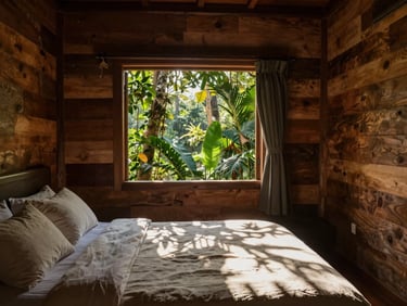Warm editorial shot of a rustic eco-lodge bedroom with textured wood walls, a large bed with linen sheets, dappled jungle sunlight through a window