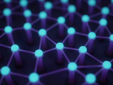 Macro photograph of glowing deep cyan network nodes in an obsidian technical environment, soft violet backlighting, sharp depth of field, 35mm