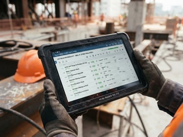Close-up of a rugged tablet displaying a technical installation checklist on a construction site, safety orange helmet blurred in the background, sharp technical photography, natural daylight
