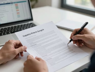 Close-up of hands reviewing a printed campaign brief document on a clean desk, a laptop open to a creator analytics dashboard partially visible in background, natural window light, documentary framing